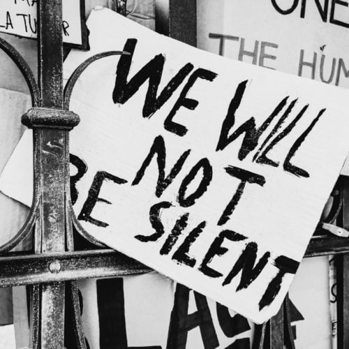 Prostest Signs in a fence at Black Lives Matter (BLM) protest: "WE WILL NOT BE SILENT"