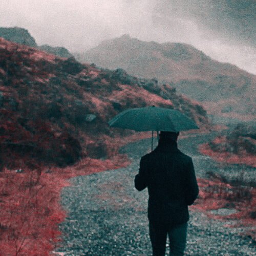 Man walking with an umbrella down a path.